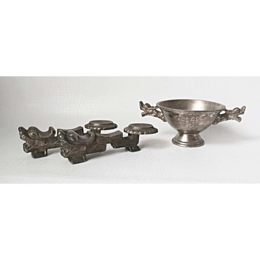 Vintage Chinese Nickel Silver Dragon Chopstick Rest & Spoon Rest Goblet Serving